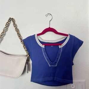 Urban Outfitters Blue Ribbed V-Neck Crop Top with Contrast Trim